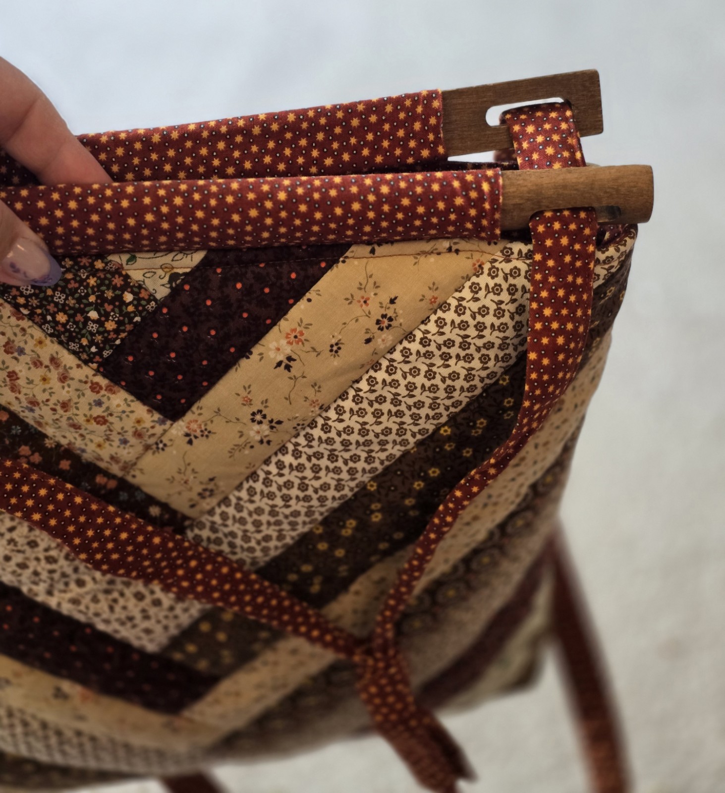Handmade Quilted Tote Bag Patchwork Cotton Wood Handles Brown Cottagecore Retro