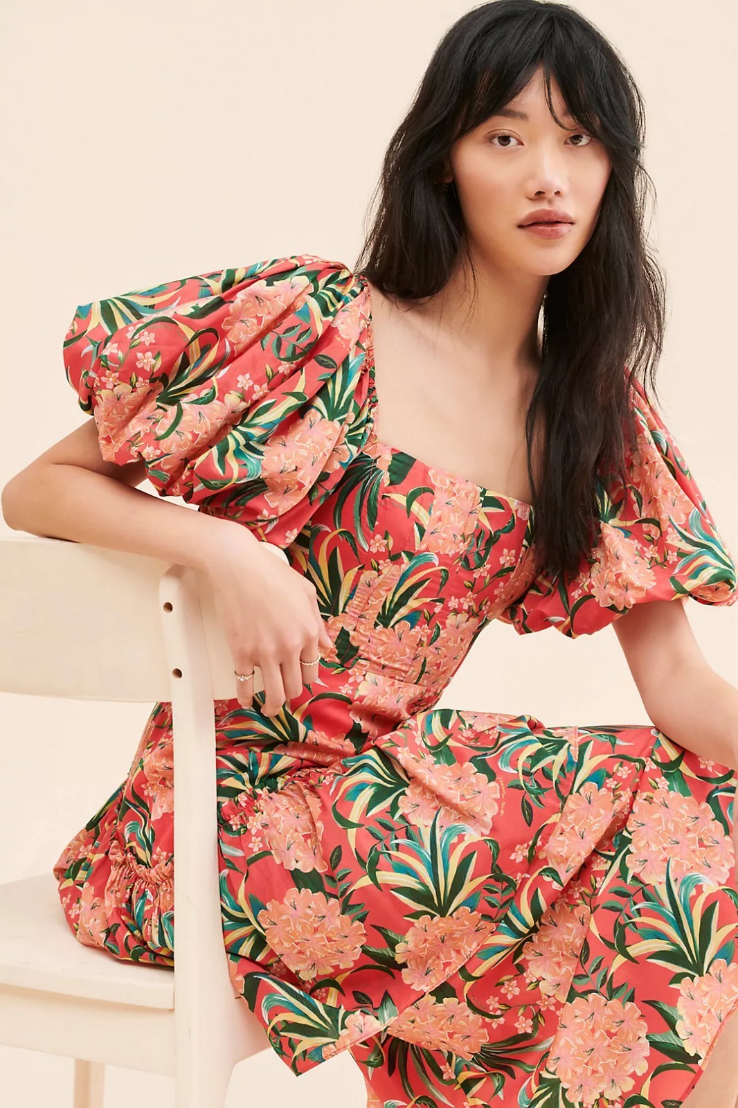 NWT Farm Rio Pineapple Bloom Red Cut Out Midi Dress Puff Sleeve Sz XS $275