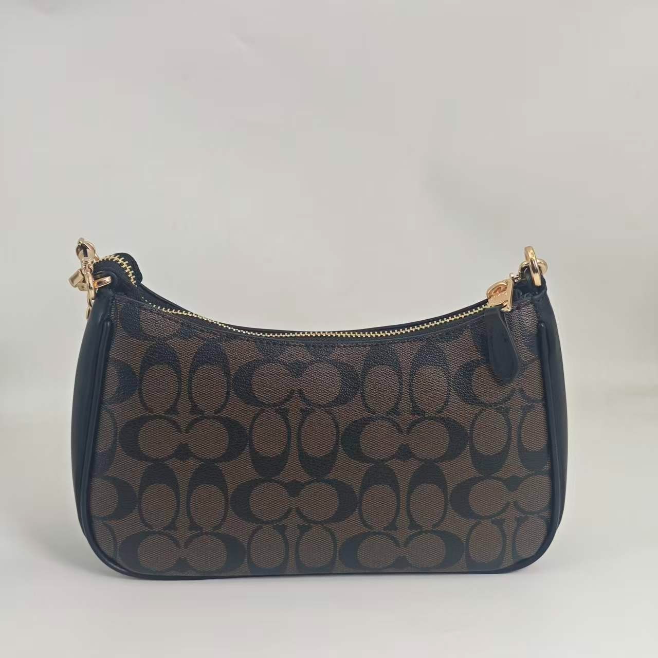 Coach Teri Signature Shoulder Bag Brown Black Chain Strap Crossbody Purse Women