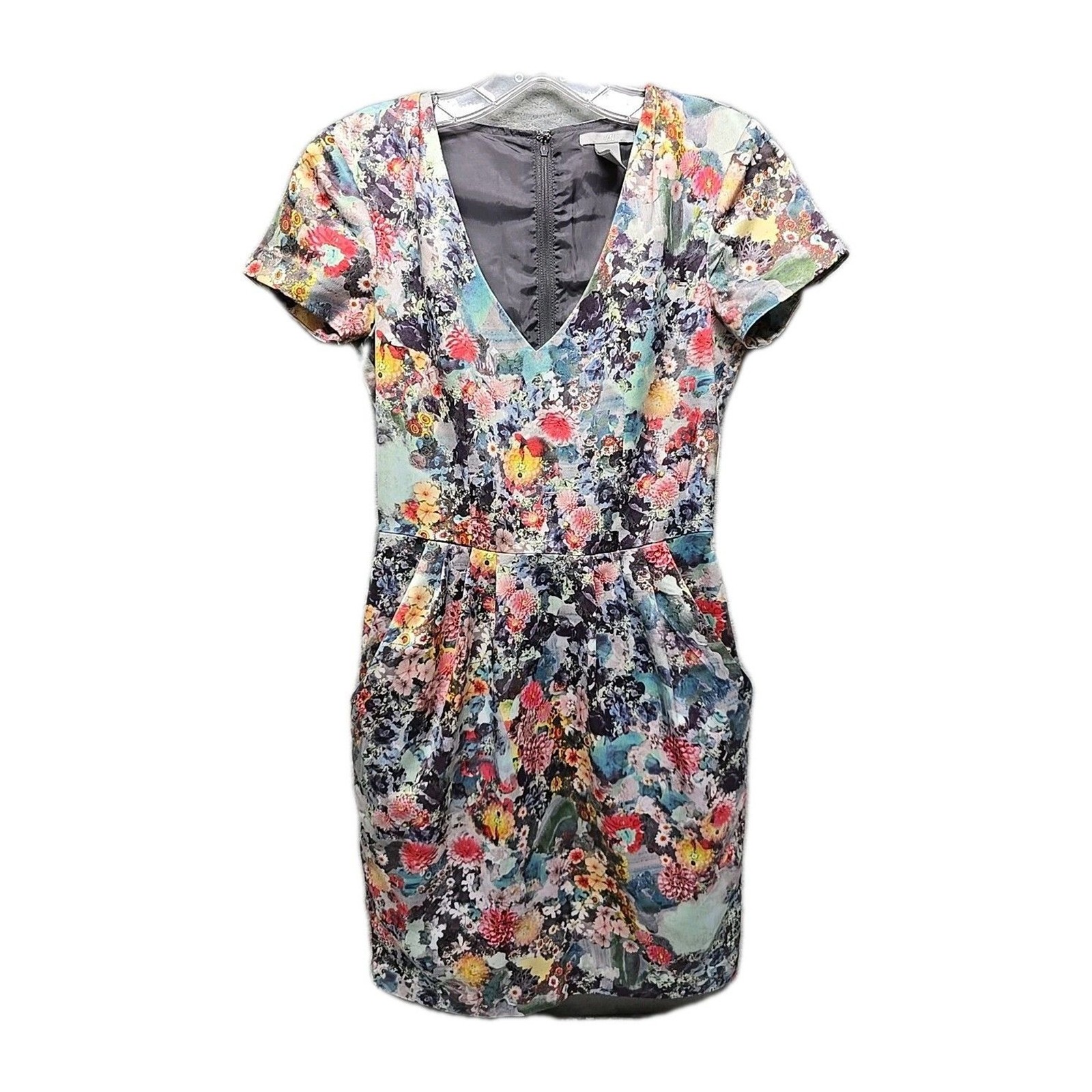 H&M Womens Dress Size 2 Floral Sheath Pockets Cap Sleeve Lined Career