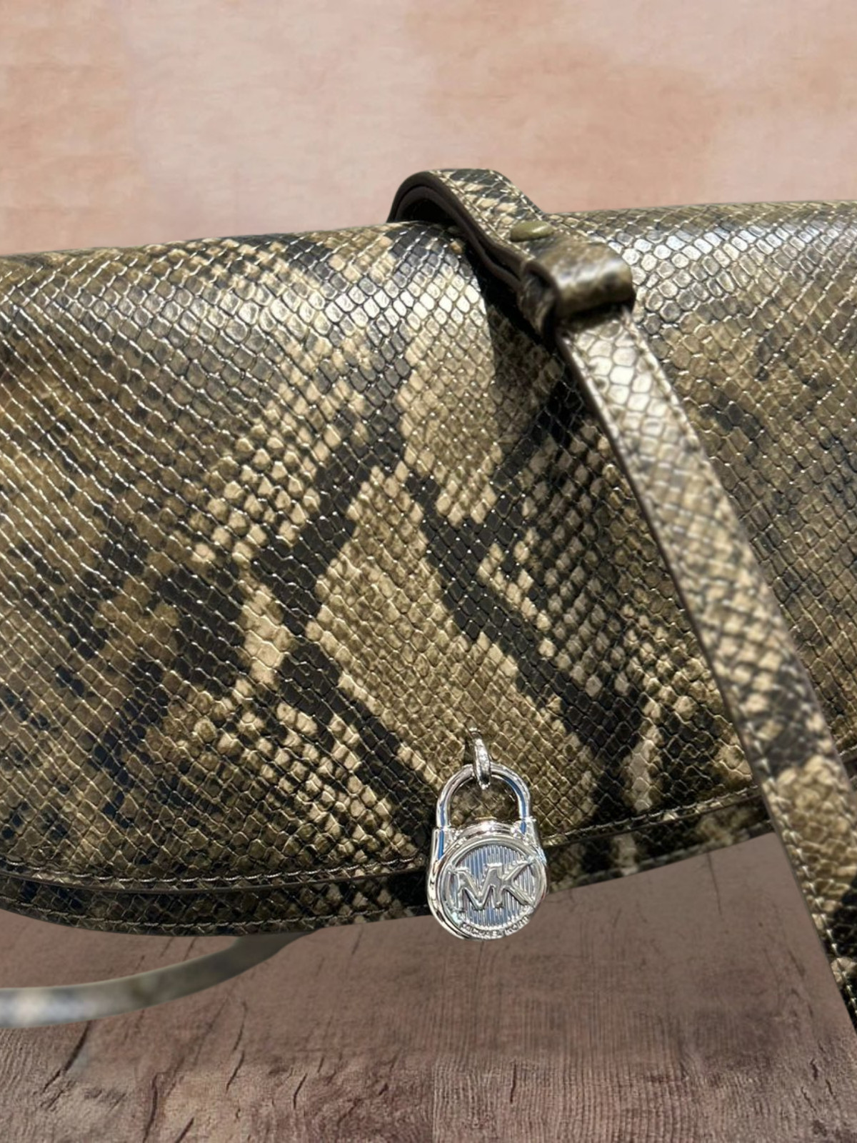 Michael Kors Mila Medium Women Snake Embossed Sling Messenger Bag Olive
