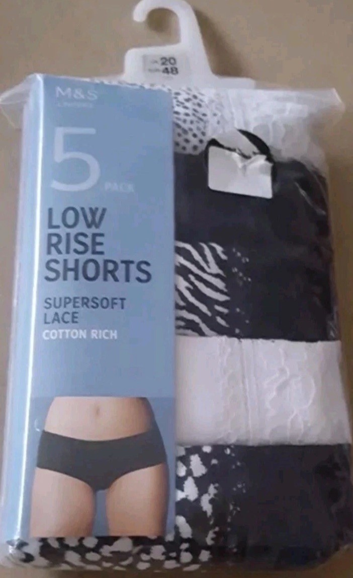 M&S ladies 1 x 5 cotton rich BLACK/WHITE knickers LOW RISE SHORTS UK Sz 20 EU 48