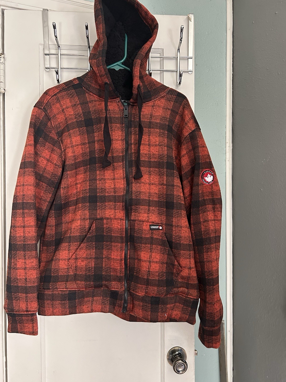 Canada Weathergear Men’s L Orange/Black Plaid Hood Full Zip Lined Jacket Pockets