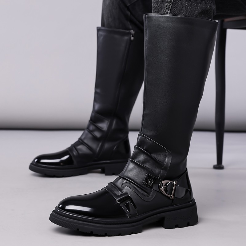Mid Claf Boots Men’s Vintage Pleated Patent Leather Riding Motorcycle Punk Shoes