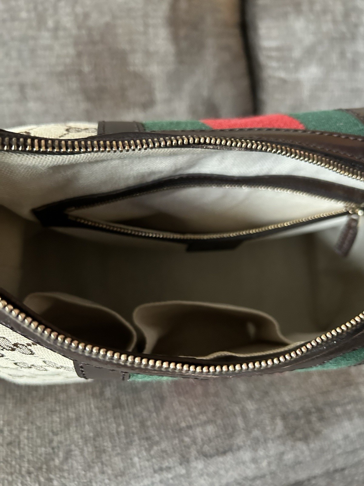 Gucci GG Web Stripe Shoulder Bag, Zip Closure, Gold Hardware, Lined, Pockets
