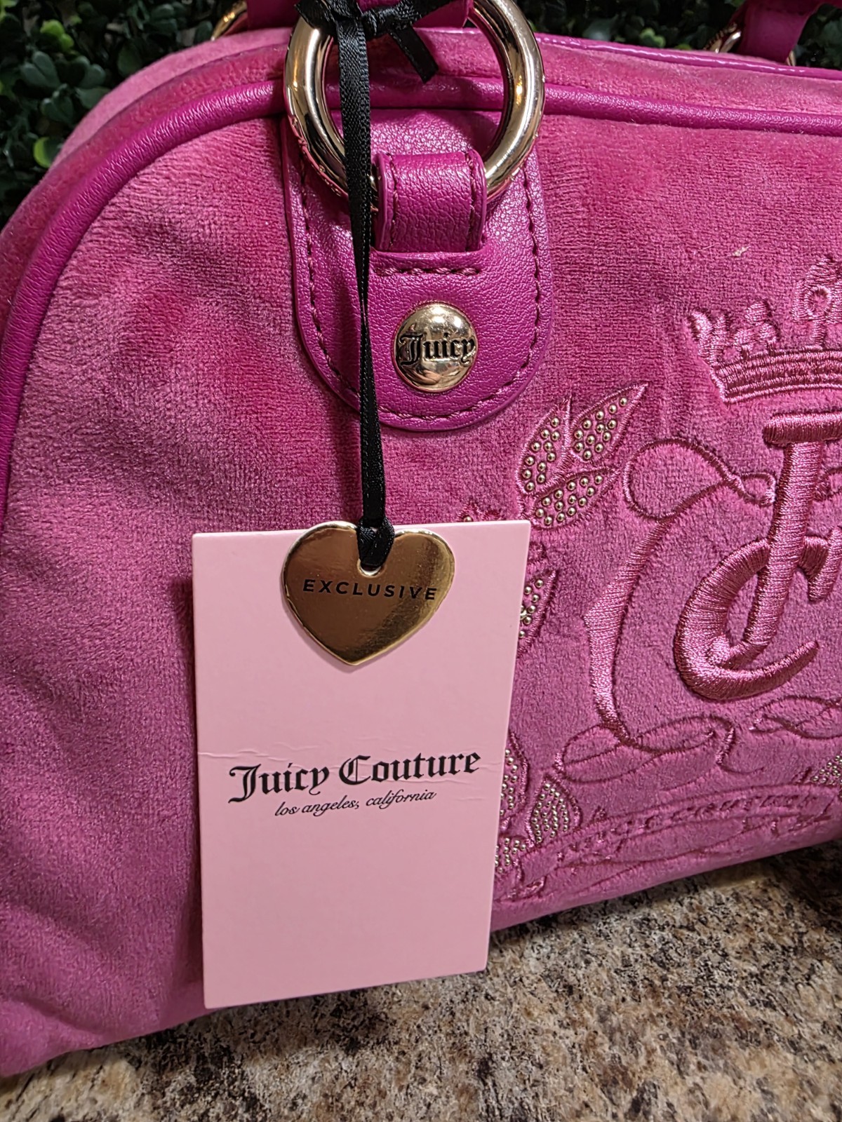 Juicy Couture Pink Logo Satchel Top Handle Zip Rhinestone Charm Gold Hardware