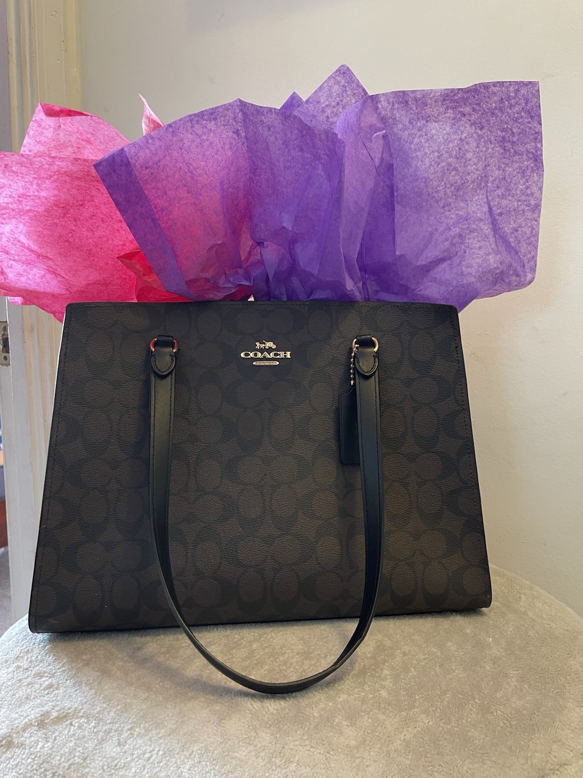 👜Coach Brown Coated Canvas Signature Tatum Tote Large Size-Style #C4075👜