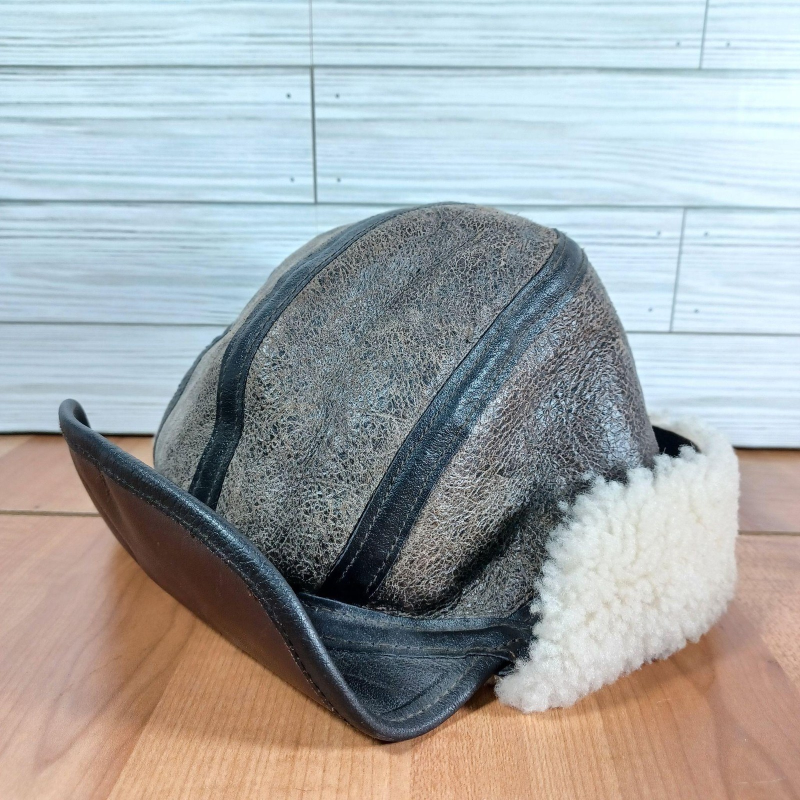 Vtg Avirex Bomber Hat Cap Mens M Brown Leather Shearling Lined Ear Flap Made USA