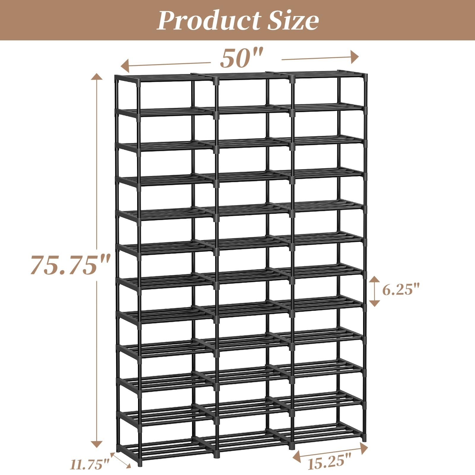 Ekisemio Shoe Rack Large Capacity 72 Pairs Tall Shoe Shelf, 3 Row 12 Tiers St…