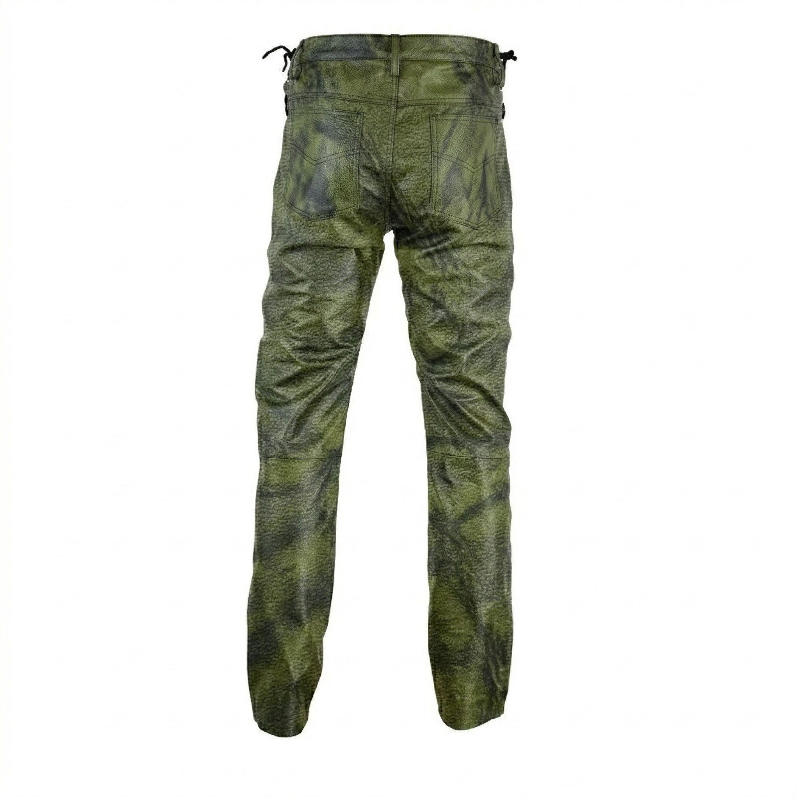 Hand Waxed Green Black Camouflage Look Men’s Cowhide Leather Pant Laces Pants