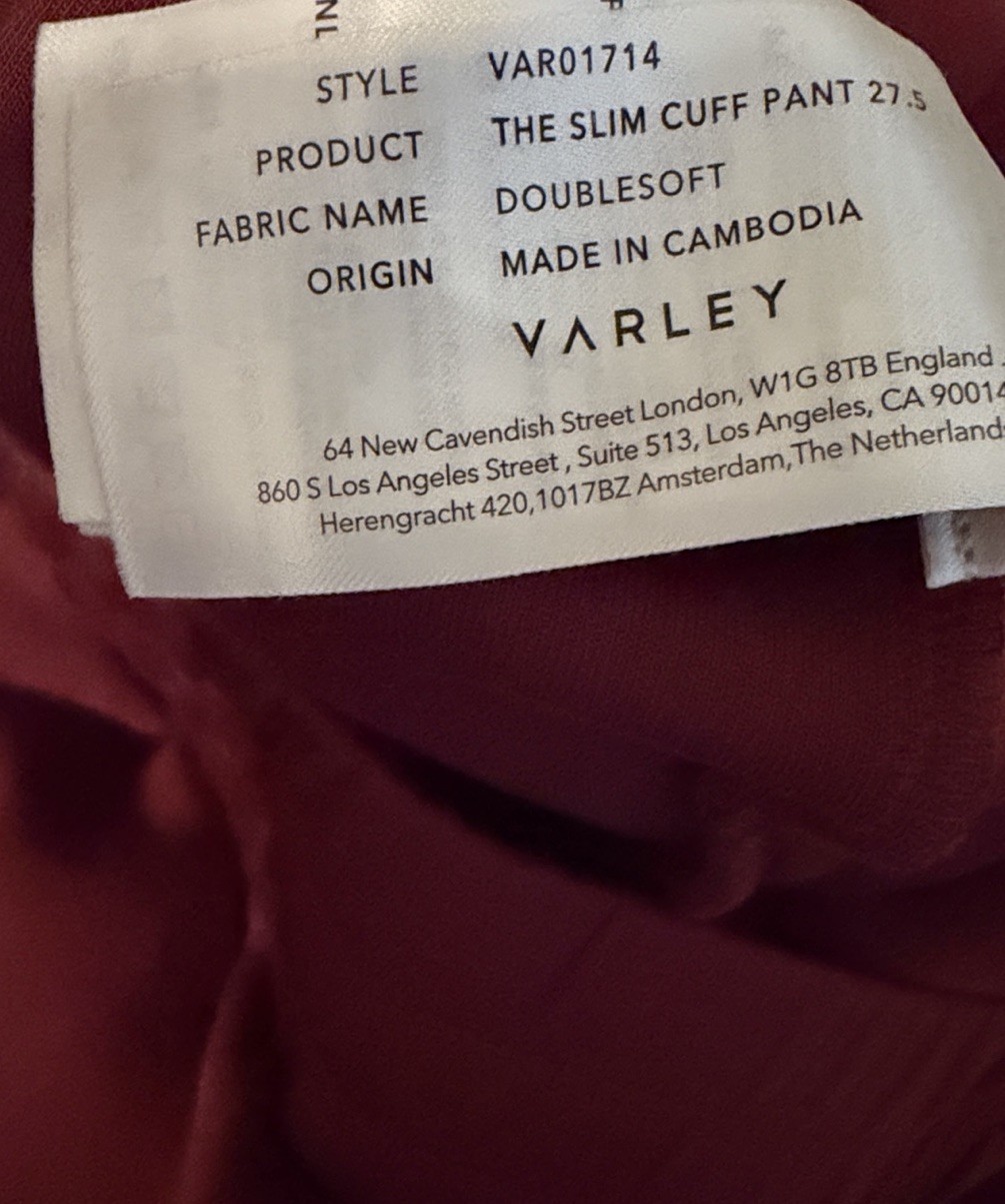 Varley DoubleSoft The Slim Cuff Track Pants 27.5 in New Maroon Sz M