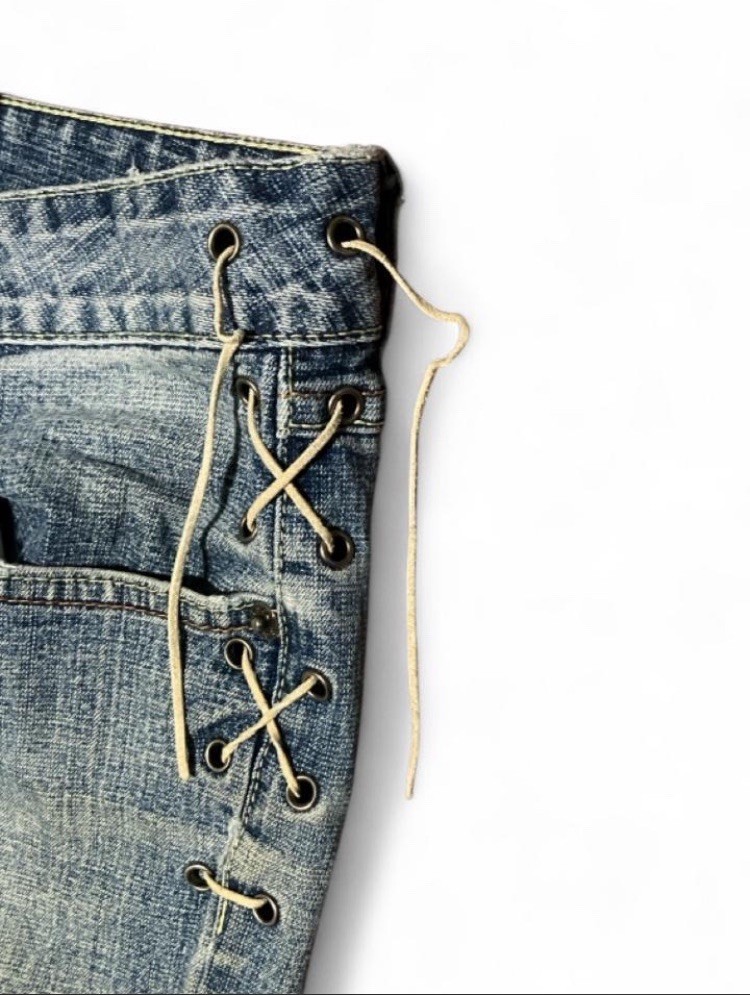 Y2K Mudd Womens Denim Jeans Size 11 Light Wash Blue Bootcut Lace-Up Eyelet [BIO]