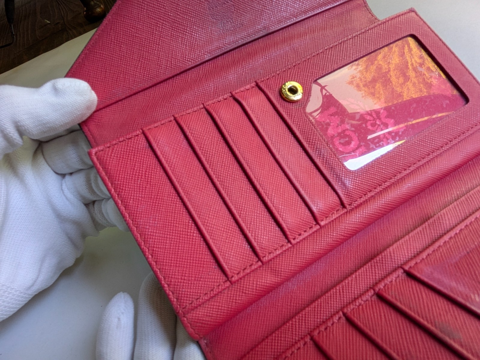 MCM Visetos Flap Long Wallet Cognac Brown Pink Bifold Authentic W7.5in H3.5in