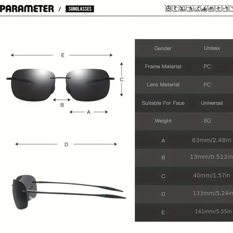 Rimless TR90 Sunglasses Polarized UV400 Lenses Lightweight Outdoor Men Glasses