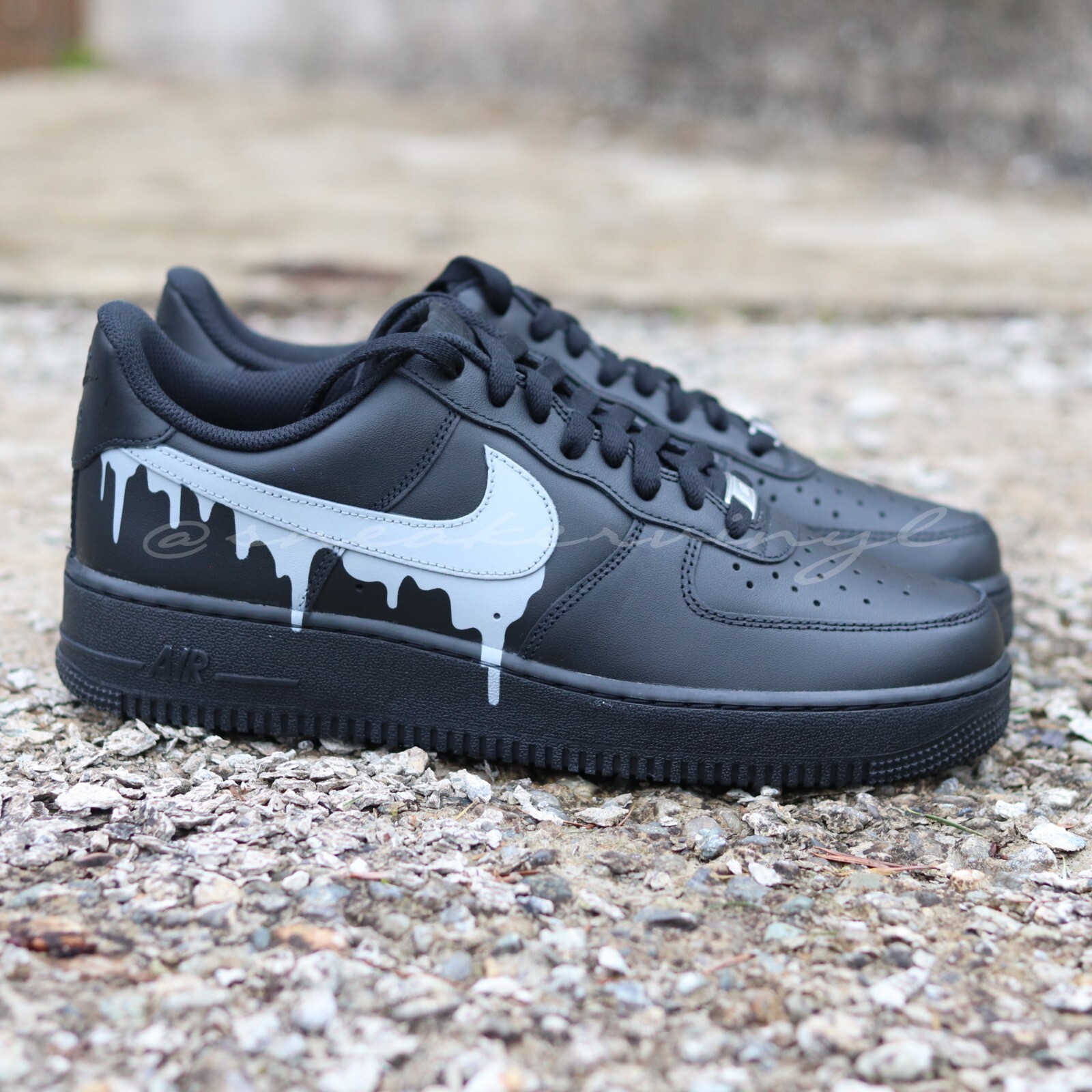 Custom Nike Air Force 1 Black & Grey Concrete Paint Drip Customized Sneakers
