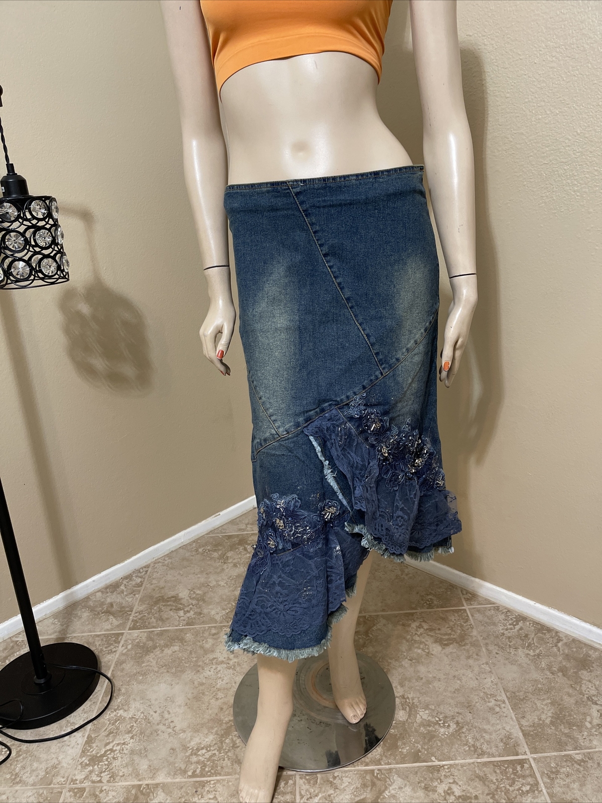 Women’s Blue Denim Cotton Casual Bead Embroidered Boho Size L(8-10) Skirt 9019