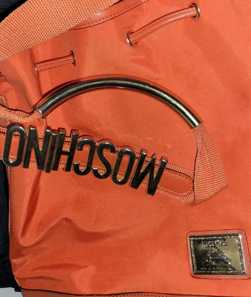 Moschino Redwall 1990s Orange Bucket, Gold Moschino Logo Strap, Leather Trim
