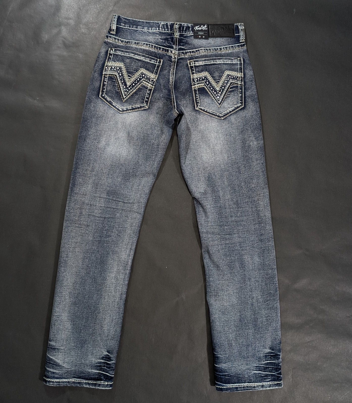 True Luck Mens Straight Leg Jeans Medium Stretch Denim Size 30×32 Embroidered