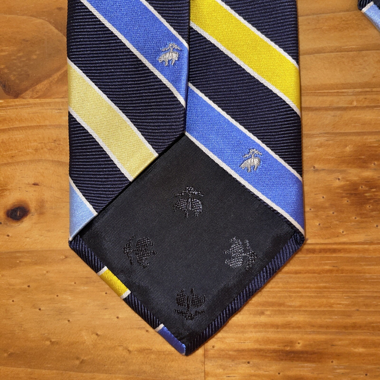 Brooks Brothers Neck Tie Men Logo Striped Yellow Navy Blue Repp