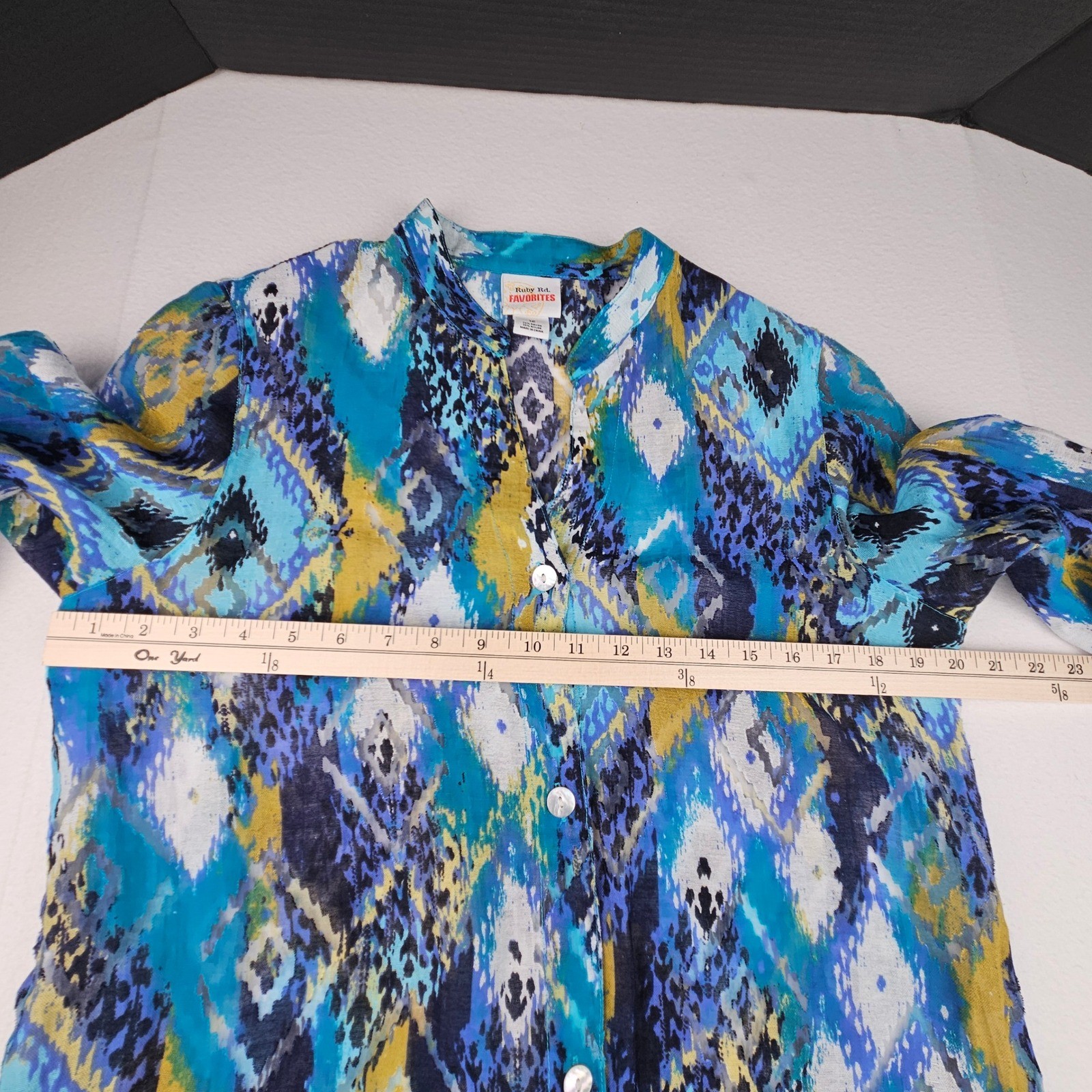 Ruby Rd Favorites Womens 12 Blue Yellow Ikat Geometric Boho Artsy Blouse Top