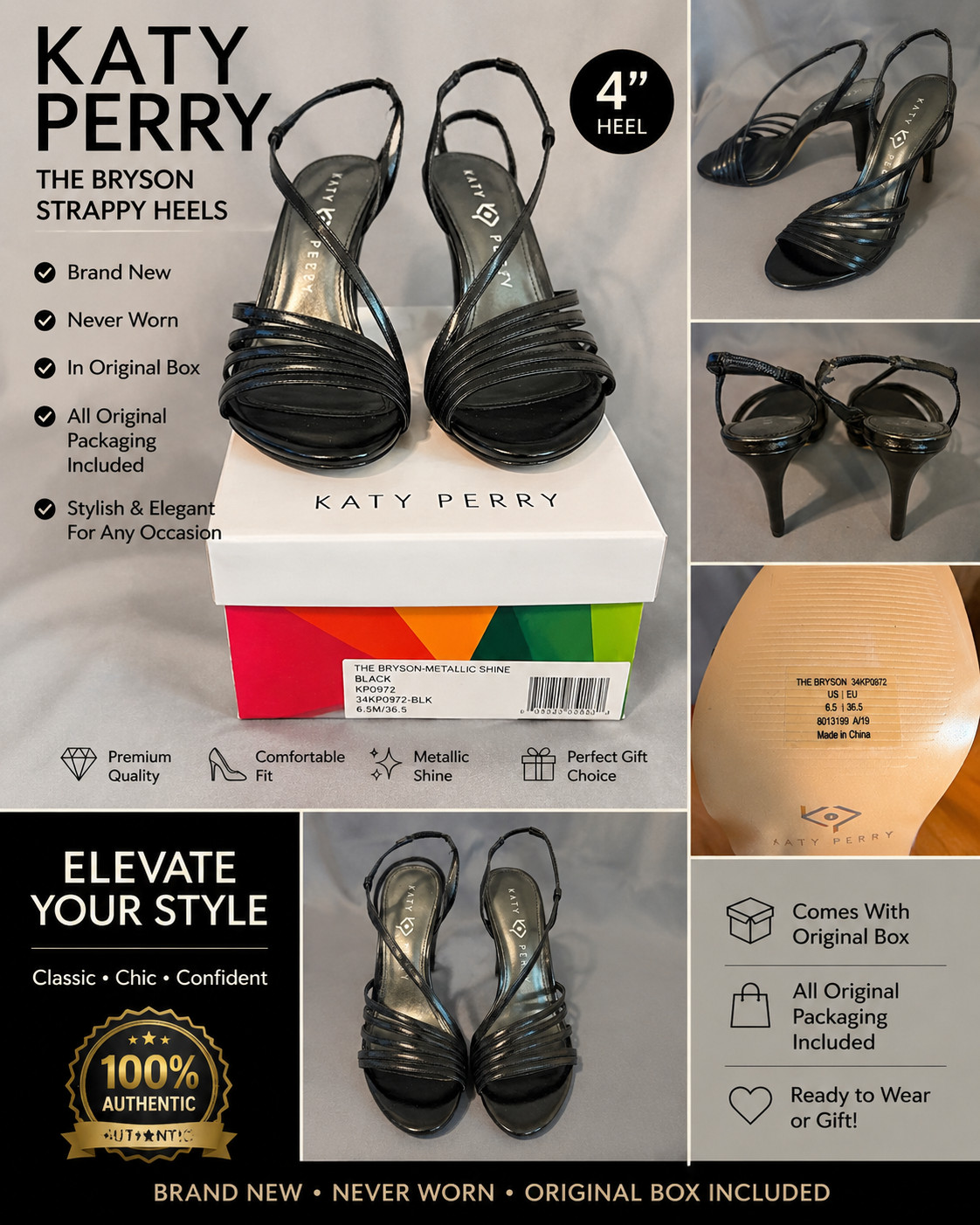 Katy Perry Bryson Black Metallic Strappy Heels 6.5M NIB 4″ Slingback Pumps