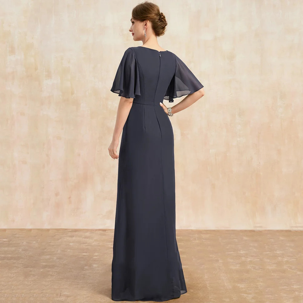 Navy Blue Scoop Mother of Bride Dresses with Chiffon Half Sleeve Wedding