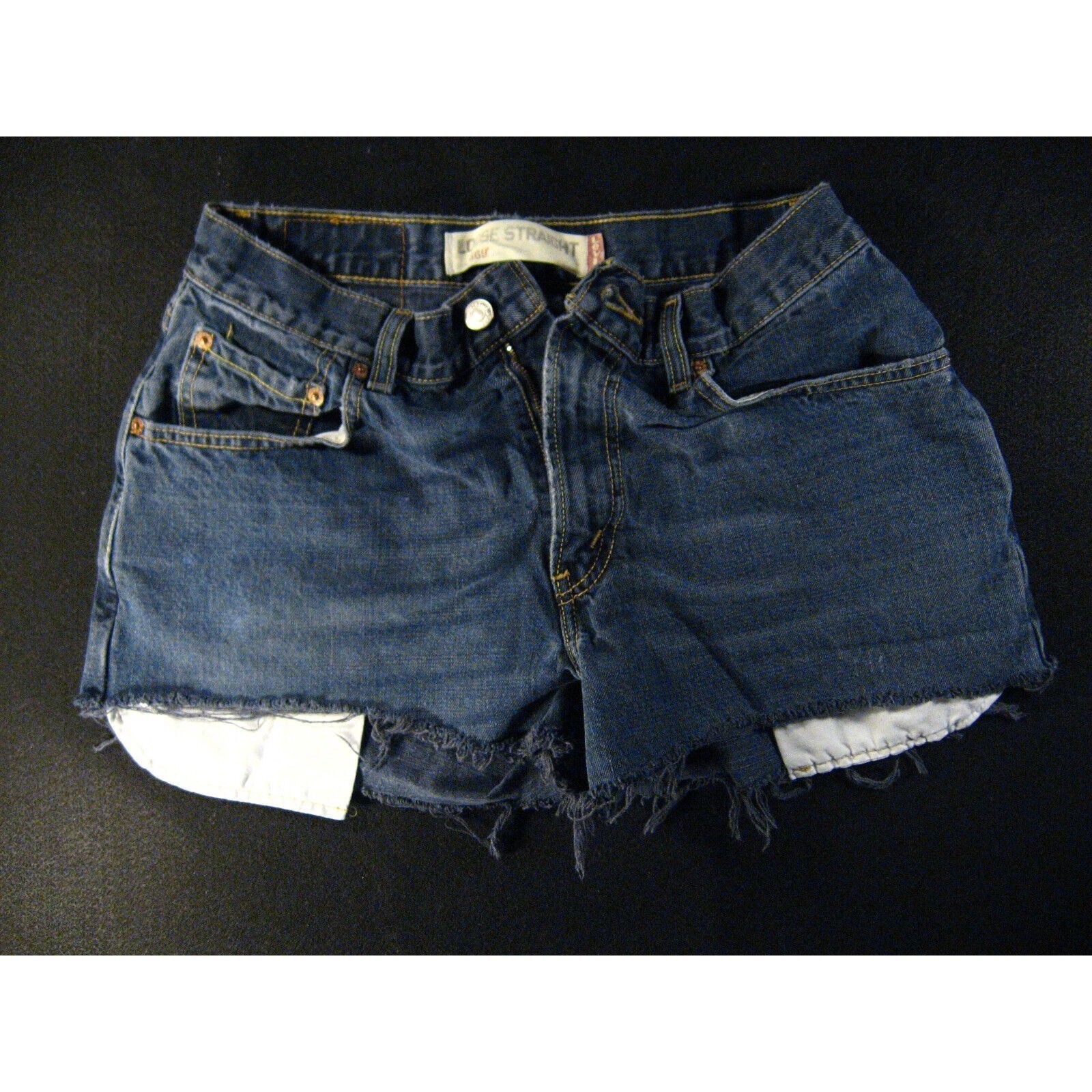 Levis 569 CUTOFF JEAN SHORTS Womans Tag 30 28 MEASURED High Waisted Blue Denim