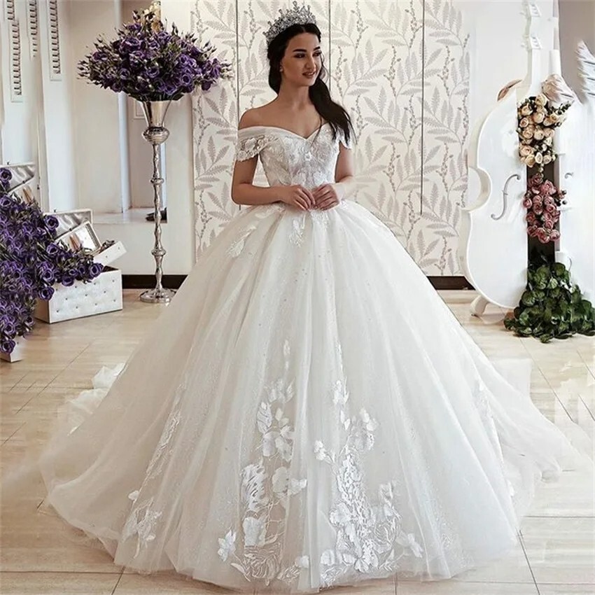 Classic Wedding Dresses A Line Off Shoulder Elegant Sweep Train Bridal Gowns