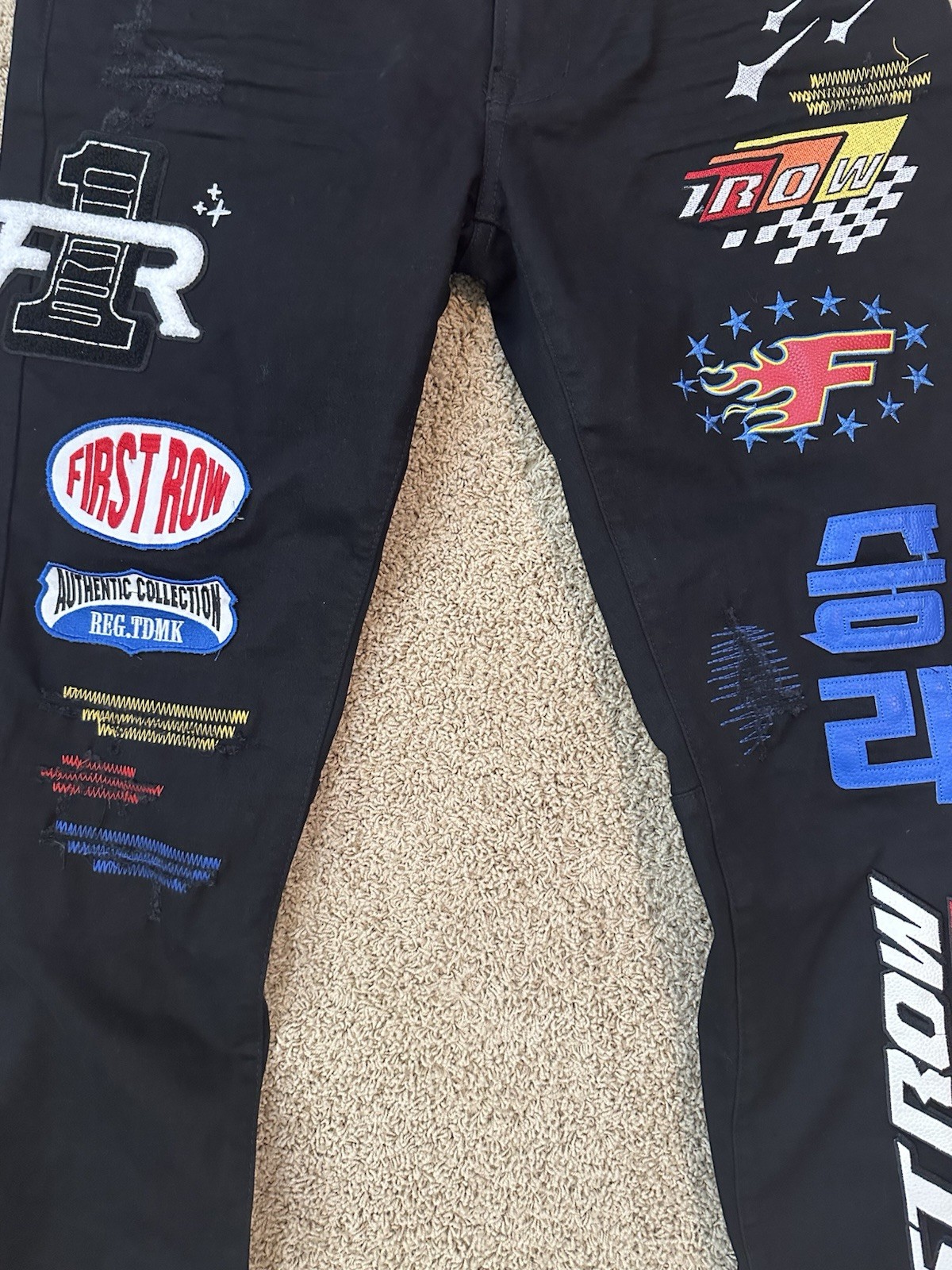 First Row Mens Black Denim Jeans With Patches And Embroidery 38×32 New With Tags