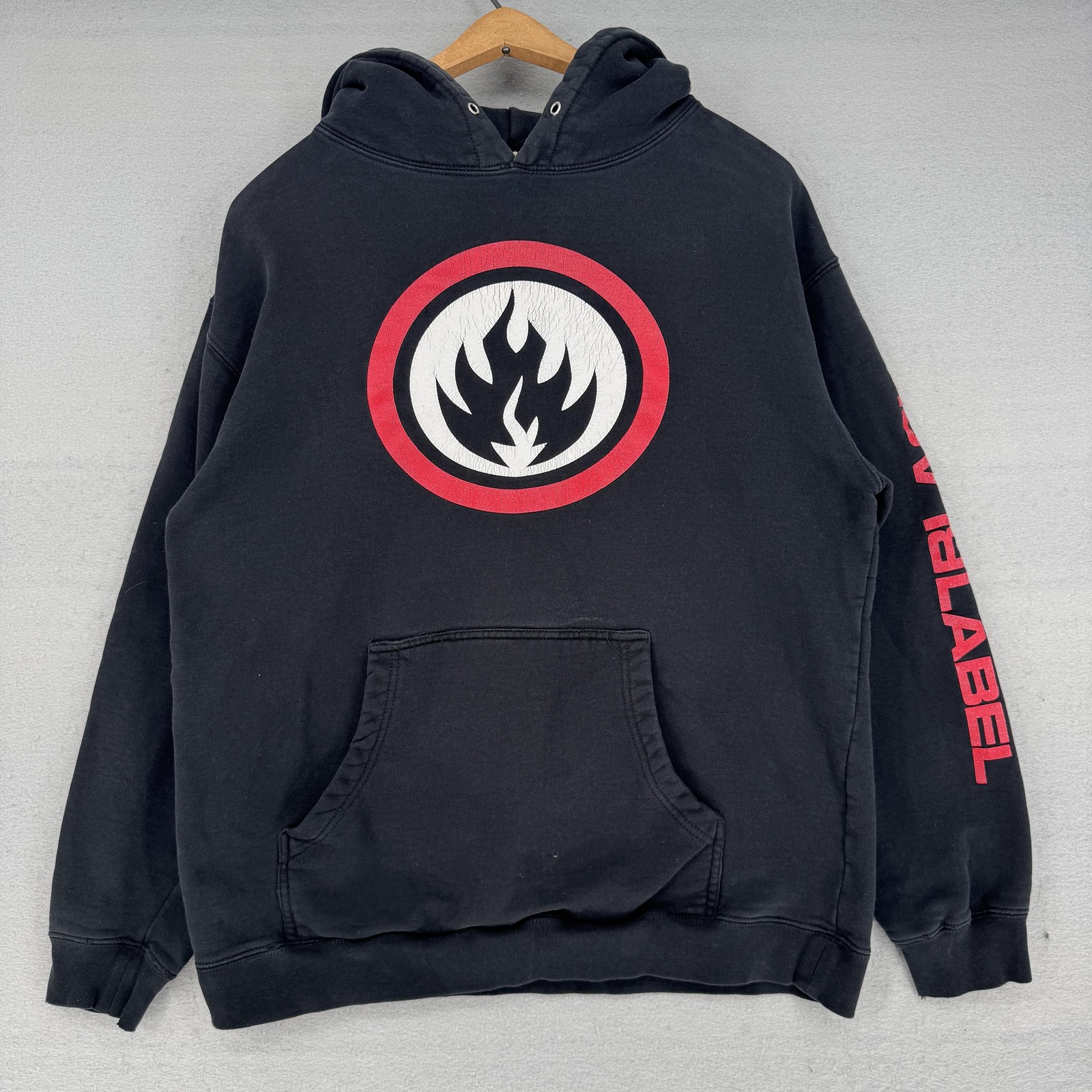Vintage Black Label Skateboards Hoodie Mens Small Black Y2K Flame Logo USA 2000s