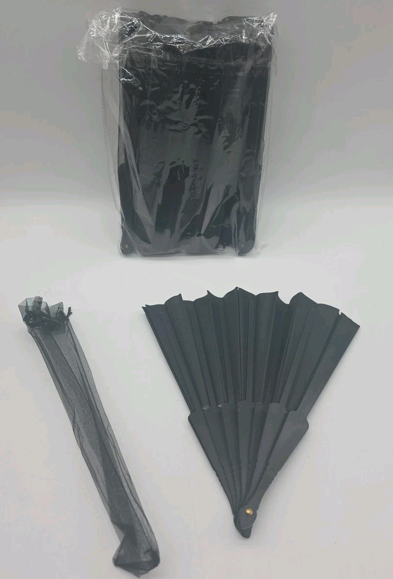 Folding Fan Hand Classic Style Fabric Plastic Handle Black Pack Of 10