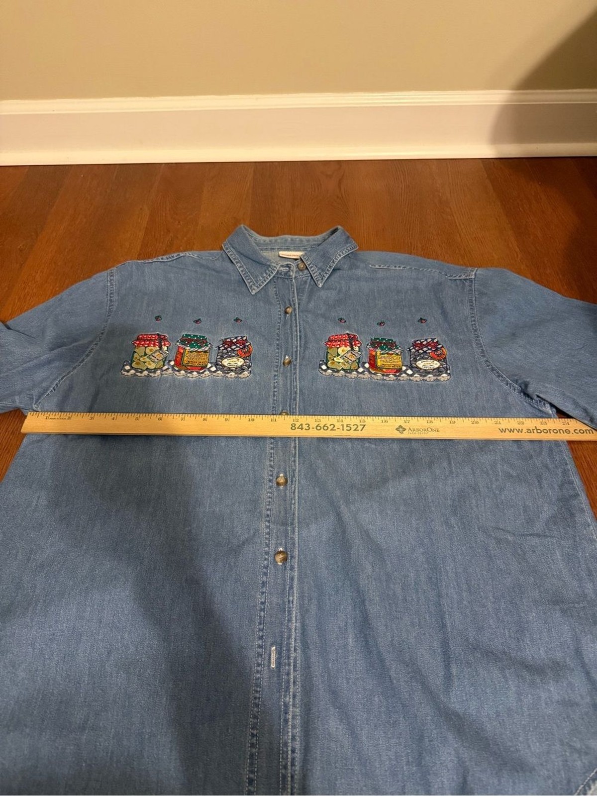 Vintage Bobbie Brooks Womens XL Denim Shirt Embroidered Canning Jars Jam Peaches