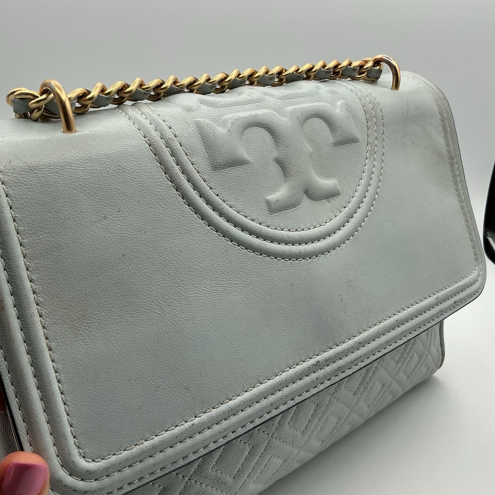Tory Burch Fleming Light Blue Leather Quilted Chain Shoulder Crossbody Bag