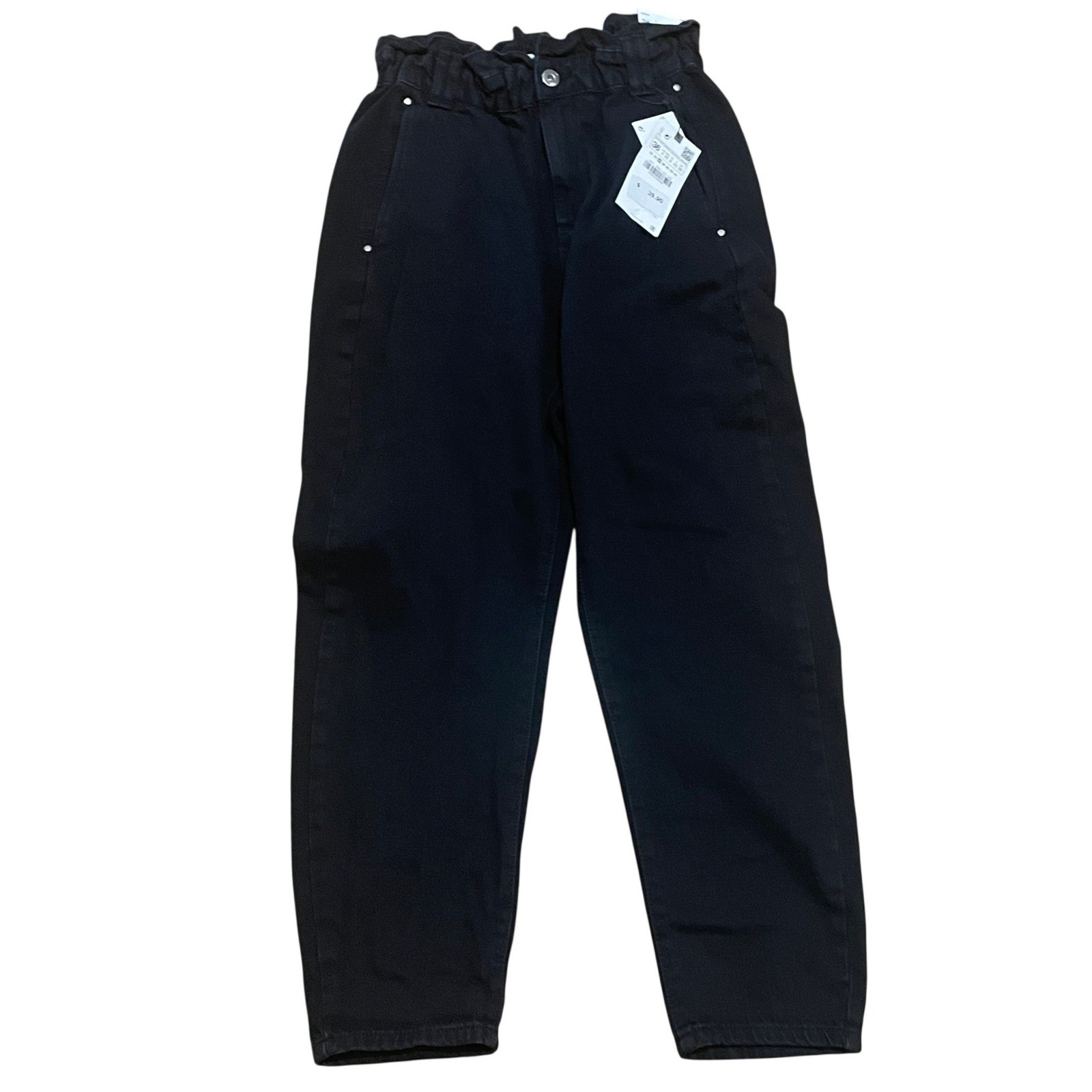 Zara Women’s 4 Paperbag Waist Mom Jeans Black High Rise Tapered Denim NWT