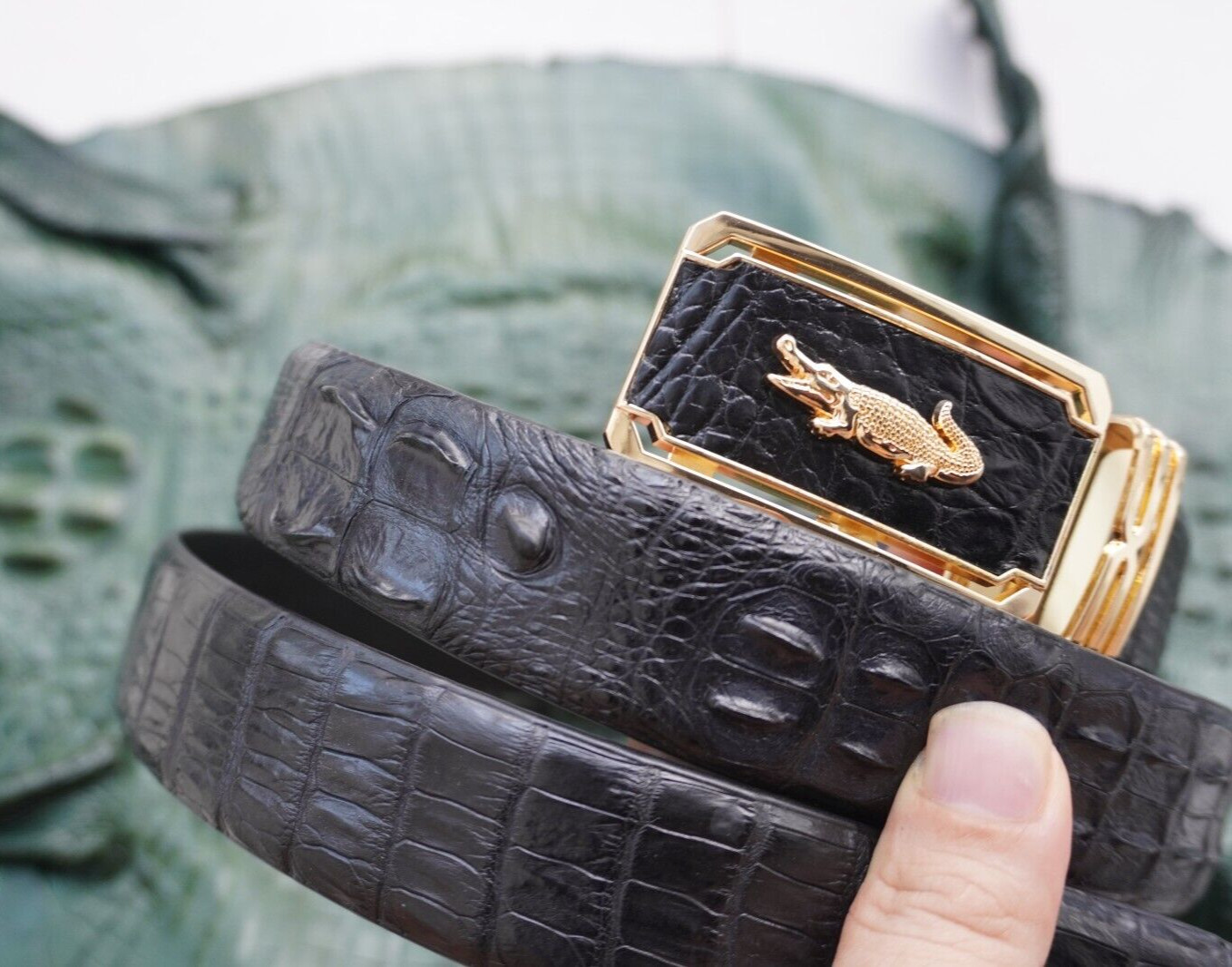 US Warehouse Black Genuine CROCODILE Hornback Belt Skin Leather Men’s – W 1.3 in