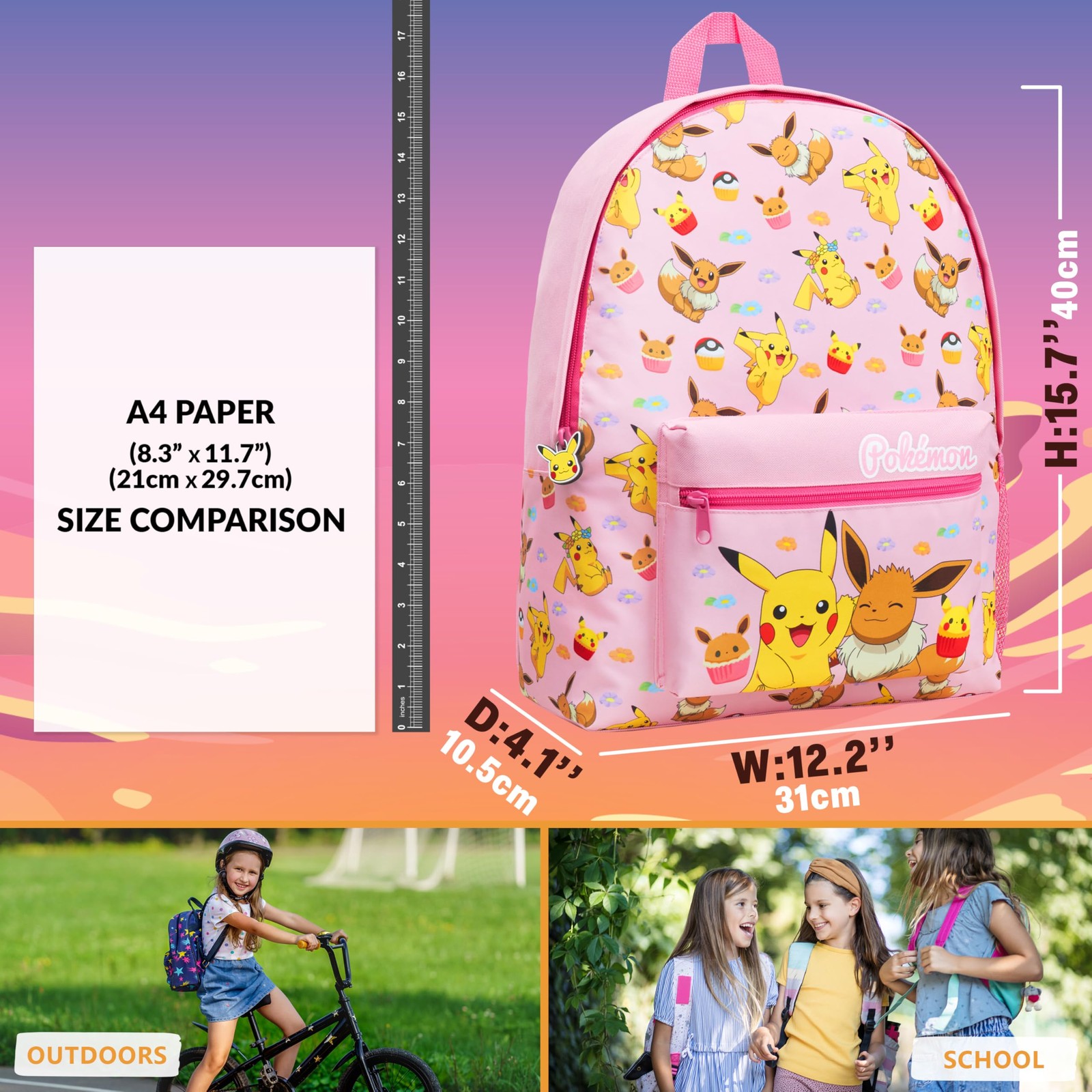 Pokemon Backpack for Kids Teens Boys Girls, Pikachu 16.1x13x4.7inch, Pink