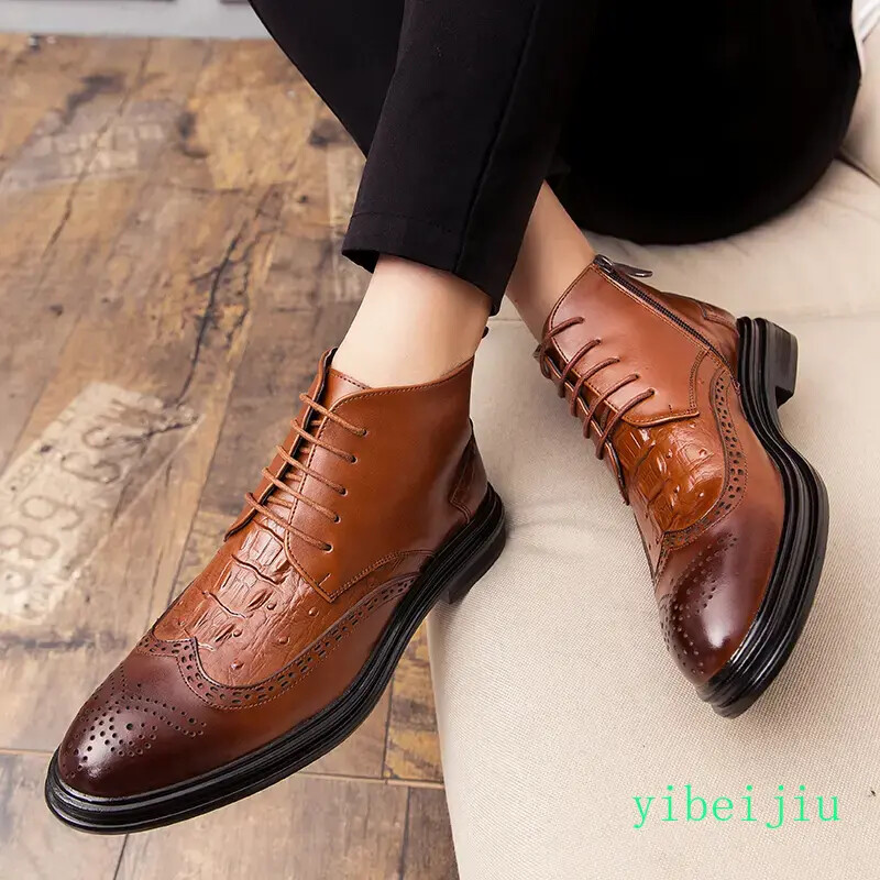 Mens Carved Brogue Shoes Business Alligator Pattern Ankle Boots Dress Lace Up