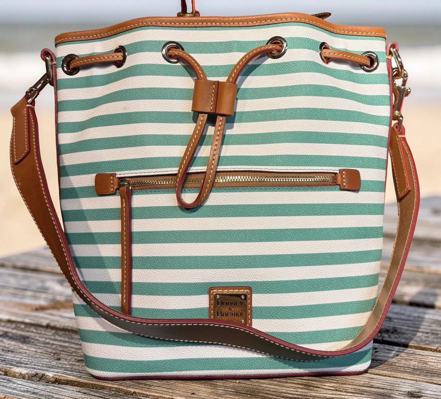 Dooney Bourke Sullivan Stripes Seafoam Spearmint Green Drawstring Bucket Bag