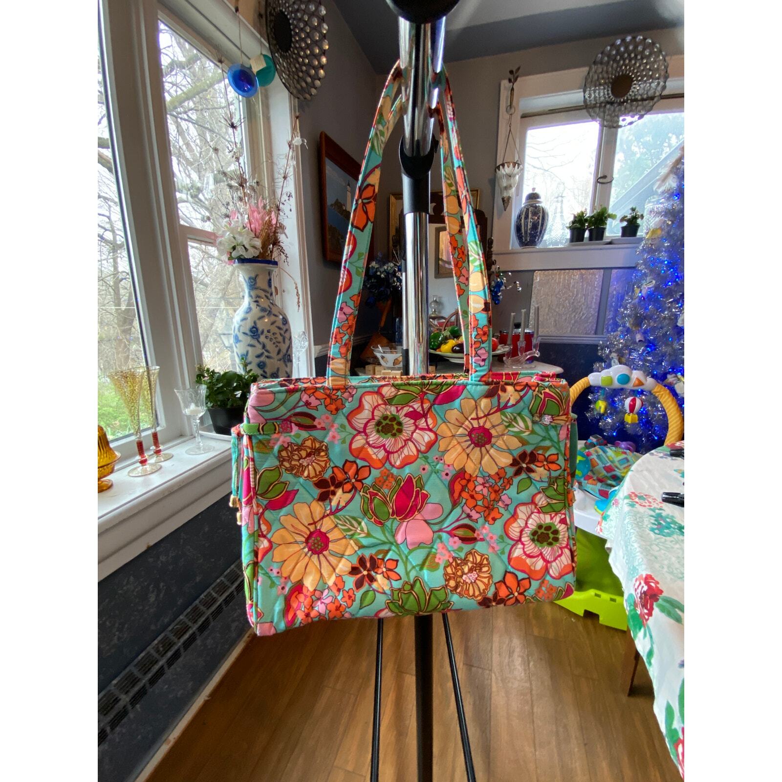 Vera Bradley Handbag Bright Floral Pattern on Turquoise background.12 x 8 1/2 in
