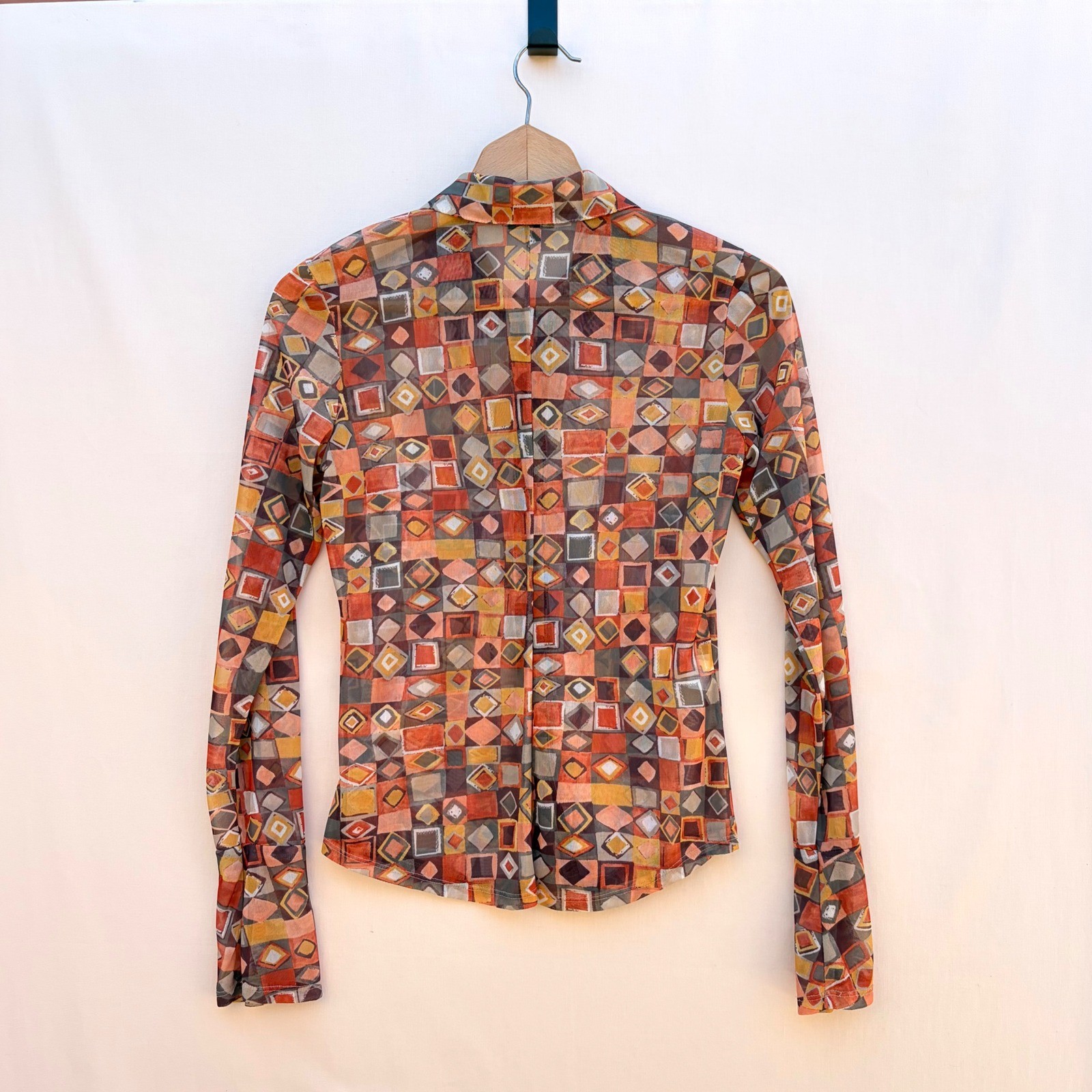 Heart Moon Star Blouse Womens S Orange Y2k Geometric Mesh Button Up
