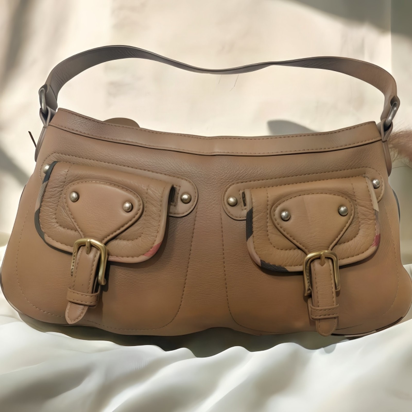 Burberry Vintage Brown Leather Pocket Shoulder Bag Nova Check Trim Y2K