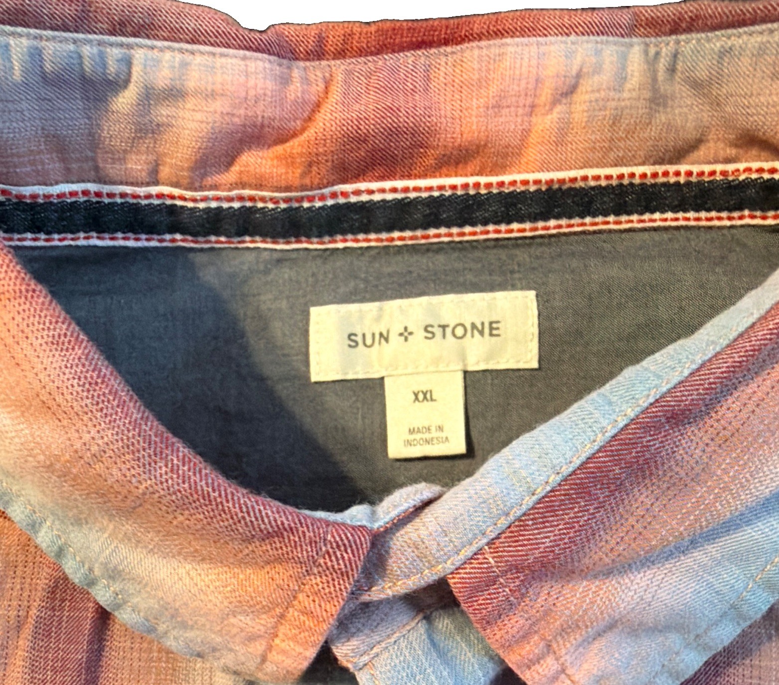 Sun + Stone Regular Fit Blue/Orange Plaid Button-Up Shirt Pockets XXL