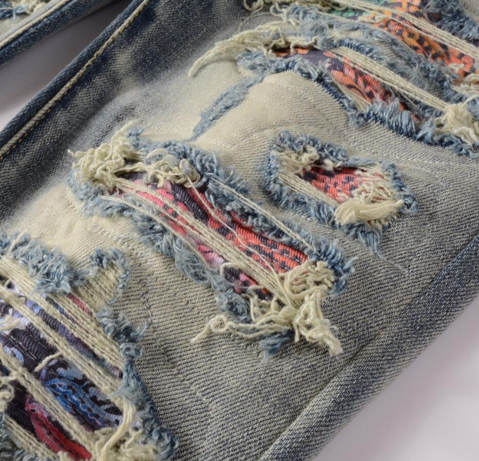 Men’s Retro Blue Denim Jeans Stretch Ripped Casual Punk Hip Hop Ripped Pants New