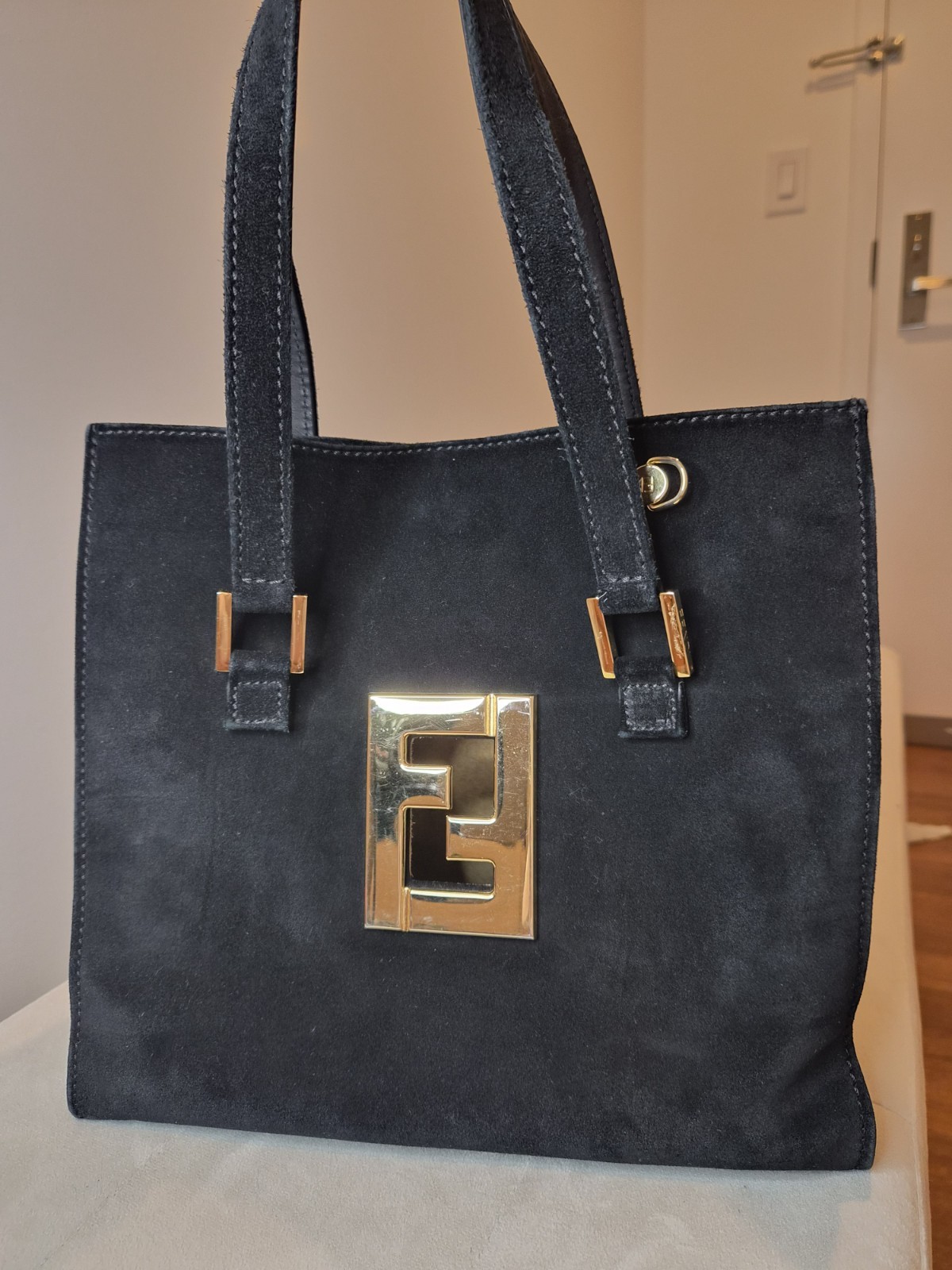 Fendi Black Medium Tote Bag Gold Tone FF Logo Detachable Adjustable Strap