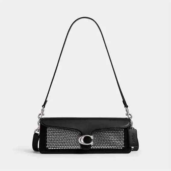 Coach Black Small Shoulder Bag Buckle Closure Detachable Strap Crystal Accents