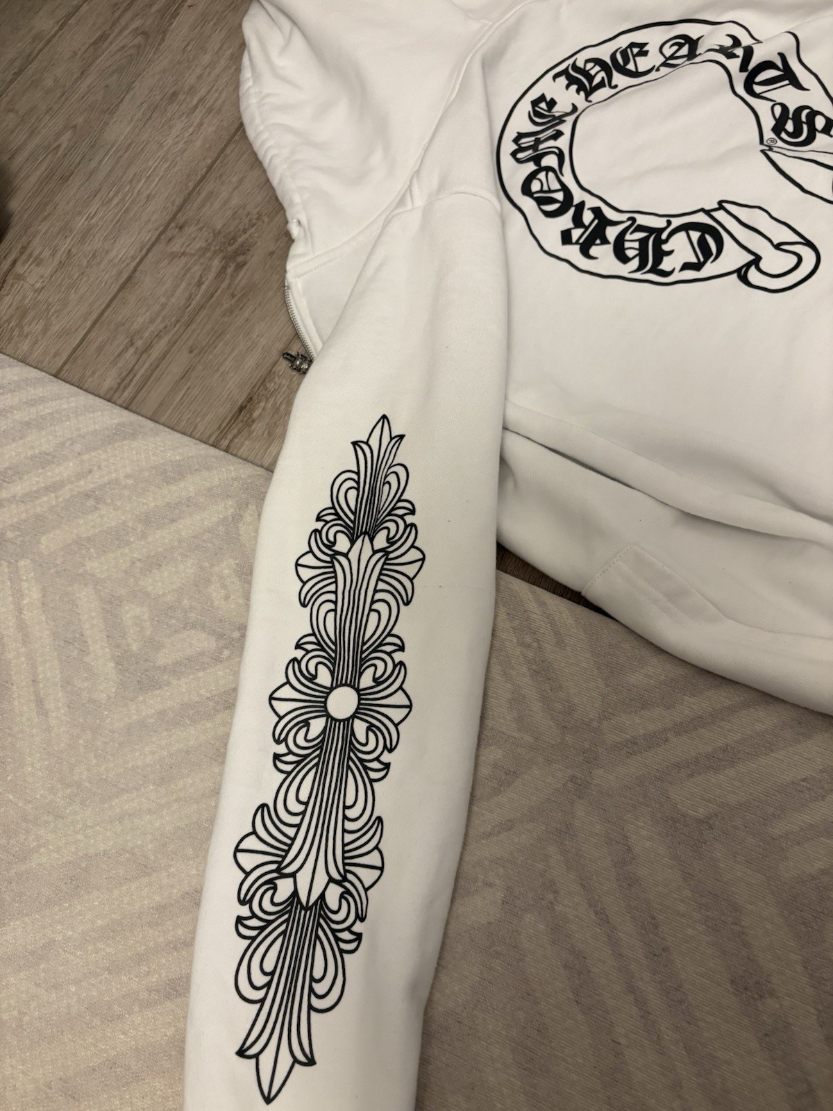 Chrome Hearts Men’s White Full Zip Hooded Cotton Knit Logo Hoodie Size S