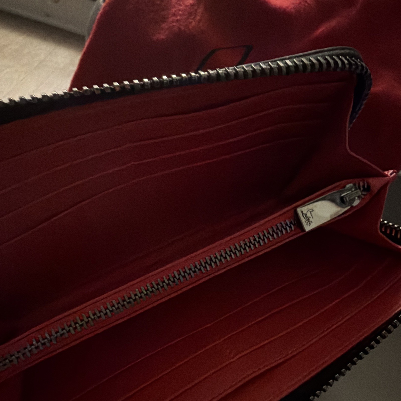 Christian Louboutin Studded Zip-Around Wallet Black/Red Logo Credit Card