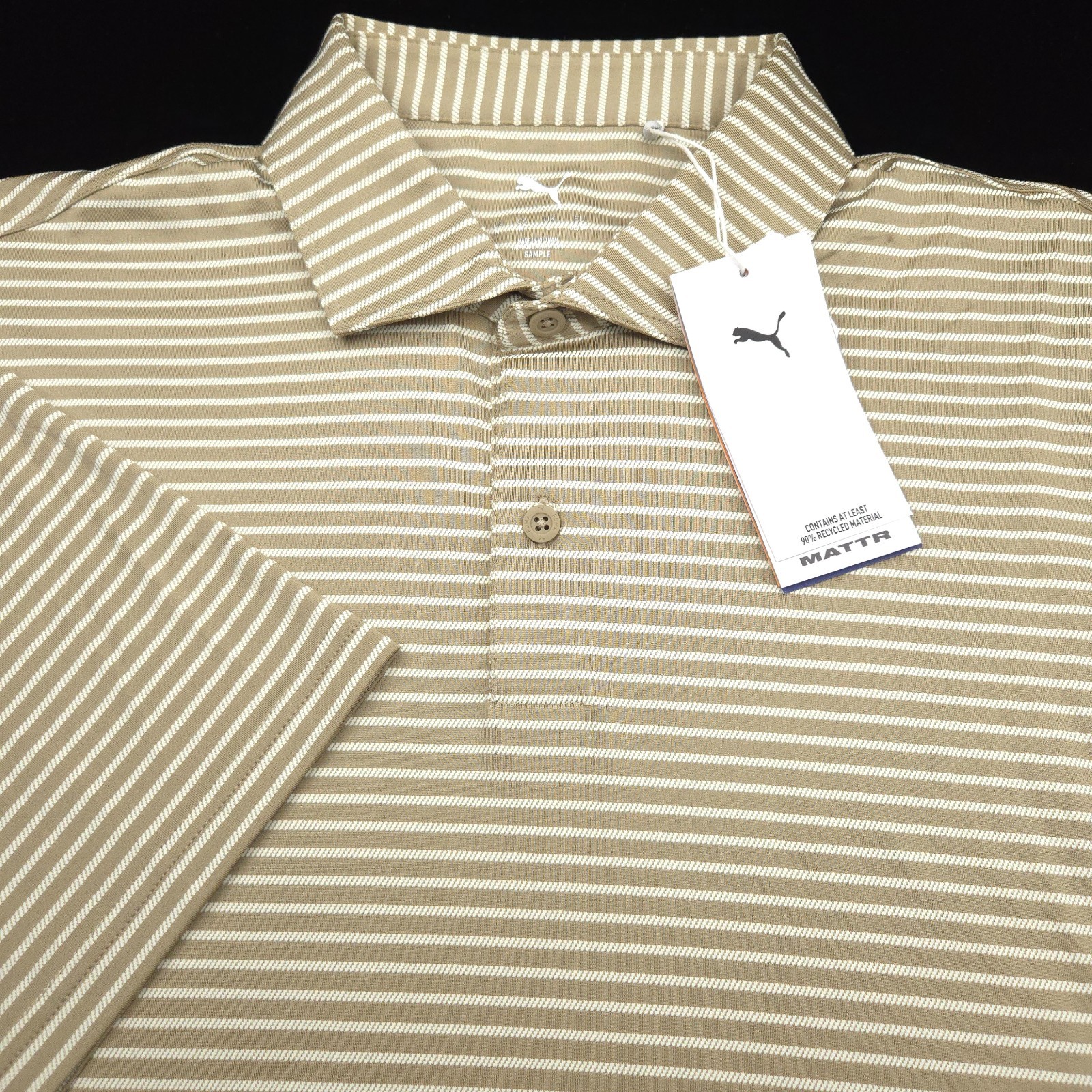 Puma Polo Golf Shirt Mens -M Brown White Performance Stripe Stretch Lisle Smooth