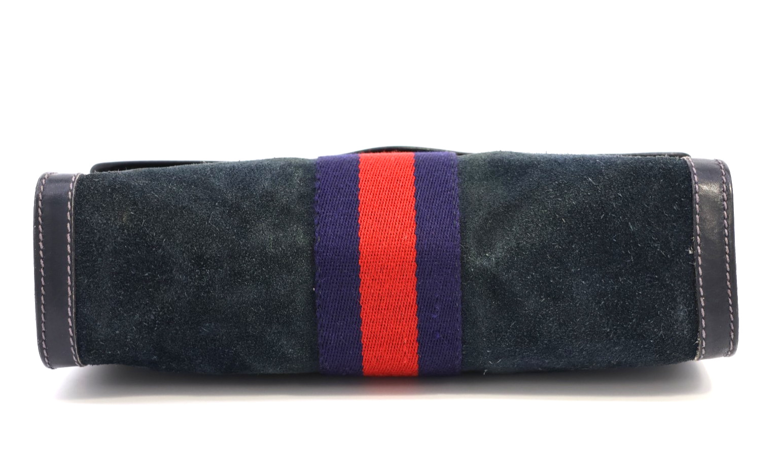 GUCCI VINTAGE Web Stripe Shoulder Bag Suede Leather Navy Classic Authentic
