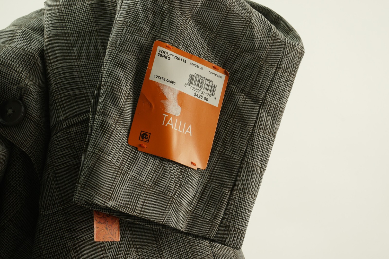 New $425 Tallia Verdello Men’s 38R Cream Gray Brown Woven Wool Plaid Suit Jacket
